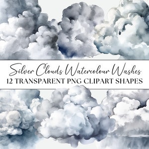 May include: Twelve watercolour cloud shapes in shades of grey and blue. The clouds are transparent PNG clipart images. The text "Silver Clouds Watercolor Washes 12 TRANSPARENT PNG CLIPART SHAPES" is displayed below the clouds.