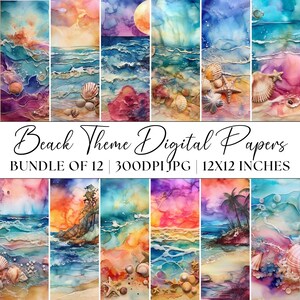 Paquete de papel digital de playa, 12 patrones de textura de concha en formato JPG, imágenes prediseñadas para uso comercial, fondos imprimibles, gráficos abstractos con tinta de alcohol