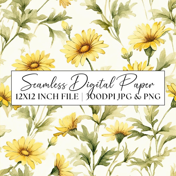 Yellow Daisies Digital Paper, Vintage Retro Look Seamless Pattern, Floral Clipart, Background Scrapbooking Repeating Pattern, Commercial Use