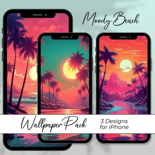Moody Beach iPhone Wallpapers, Set of 3 Mobile Phone Backgrounds Pretty Colourful Sunset Abstract Fantasy Moon iOs Theme for Cell Phone