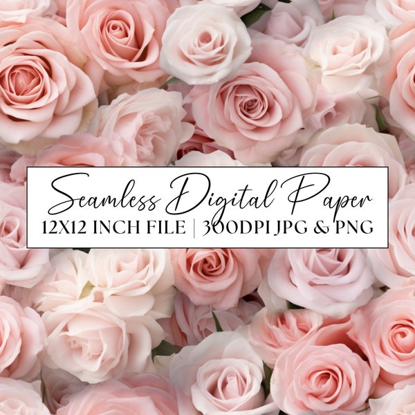 Pink Roses Digital Paper, Pastel Pink Seamless Pattern, Wedding Invitation Clipart, Repeating Background Scrapbooking Paper Stationery