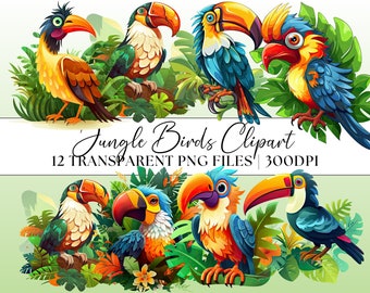 Tropical Jungle Birds Clipart, Cartoon Style Transparent 12x PNG Shapes Nursery Decor Jungle Theme Kids Birthday Party Invitations Animals