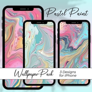 Pastel Paint iPhone Wallpapers, Bundle of 3 Mobile Phone Backgrounds Abstract Liquid Oil Acrylic Drips Colorful Texture iOs Theme Cell Phone