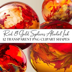 Könnte beinhalten: Zwölf rote und goldene Kugeln mit wirbelnden Mustern, die mit Alkohol-Tinte hergestellt wurden. Die Kugeln sind transparent und haben eine glänzende Oberfläche.  Red & Gold Spheres Alcohol Ink 12 TRANSPARENT PNG CLIPART SHAPES