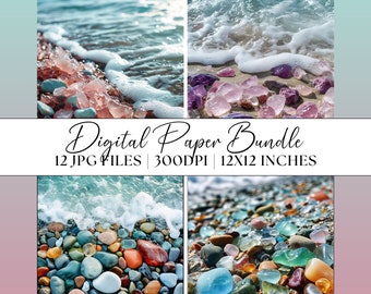 Fantasy Sea Glass Digital Paper, 12x JPG Abstract Clipart, Instant Download Graphics, Background Illustration Textures Pink Ocean Pebbles