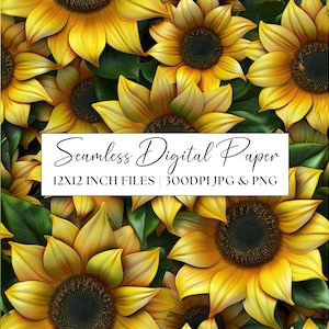 Sunflower Seamless Pattern, Floral Digital Paper, Yellow Flower Clipart, Repeating Background, Scrapbooking Junk Journal, Commercial Use