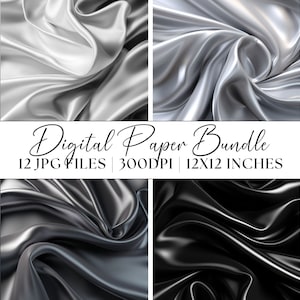 Black and Silver Silk Textures Digital Paper, Patterns Clipart Instant Download Graphics Abstract Fabric Background Illustration Textures