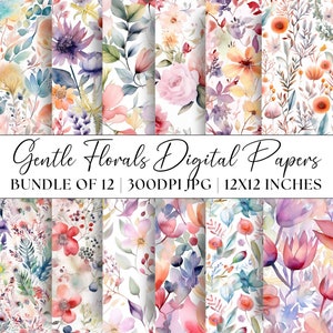 Floral digitale papierbundel, 12x JPG zachte bloempatronen, achtergronden voor commercieel gebruik, aquarelillustraties, pastel texturen graphics