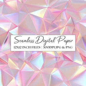 May include: Seamless digital paper with a holographic iridescent pink and white geometric pattern. 12x12 inch files, 300 DPI JPG & PNG.