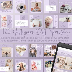 120 Purple Instagram Post Templates | Lilac Insta Posts | Editable in Canva | Modern Theme for Women | Social Media Branding Kit | SV08