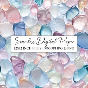 May include: Seamless digital paper featuring a repeating pattern of pastel-colored glass stones. The image includes the text "Seamless Digital Paper 12x12 inch files | 300dpi JPG & PNG".