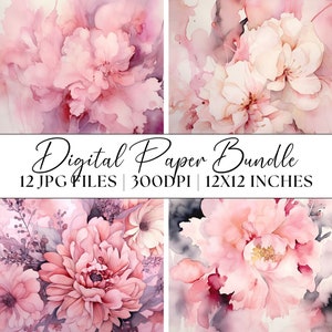 Aquarel digitaal papier roze bloemen, 12x JPG pastelpatronen clipart instant download graphics abstracte achtergronden illustratie texturen