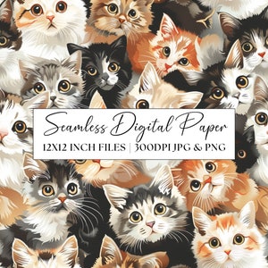 May include: A seamless digital paper pattern featuring a close-up of many colorful cats with different fur patterns and colors. The cats are looking directly at the viewer. The text "Seamless Digital Paper 12x12 inch files | 300dpi JPG & PNG" is at the bottom of the image.