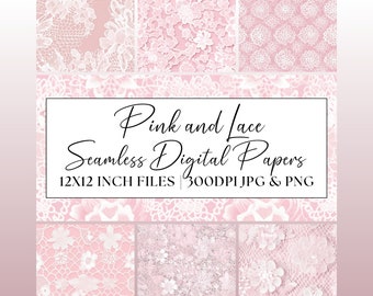 Pink and Lace Seamless Pattern, Pink Floral Digital Paper, Vintage Style Clipart, Wedding Invitation Repeating Background Scrapbooking Paper