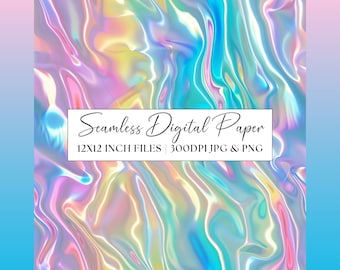 Metallic Rainbow Digital Paper, Iridescent Pastel Seamless Pattern, Hologram Clipart, Party Invite, Repeat Background Scrapbook Junk Journal
