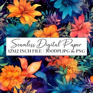 Floral Digital Paper, Blue Yellow Garden Flowers Seamless Pattern Clipart Wedding Invitation Repeat Background Printable Scrapbooking Paper