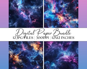 Könnte beinhalten: Ein digitales Papierbündel mit vier Bildern von Weltraumnebeln. Die Bilder zeigen wirbelnde Wolken in Blau, Lila und Gelb vor einem Sternenhintergrund. Der Text "Digital Paper Bundle" ist zu sehen, zusammen mit Dateispezifikationen.