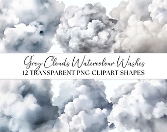 Grey Cloud Watercolour Washes, 12 Gray PNG Clipart Splashes Shapes Objects Abstract Instant Download Transparent Background Liquid Textures