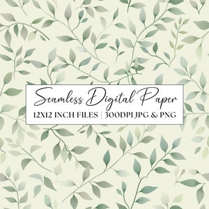 Puede incluir: Patrón de papel digital sin costuras con un fondo verde claro y un patrón repetitivo de hojas verdes de acuarela. El texto "Seamless Digital Paper 12x12 inch files | 300dpi JPG & PNG" está en la parte inferior de la imagen.