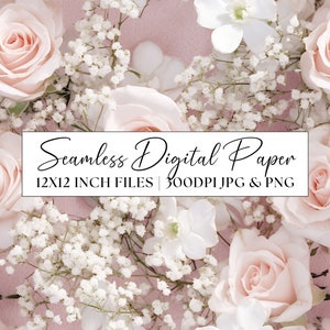 Pale Pink Roses Digital Paper, Gypsophila Seamless Pattern, Wedding Invitation Clipart, Repeating Background Scrapbooking Paper Stationery