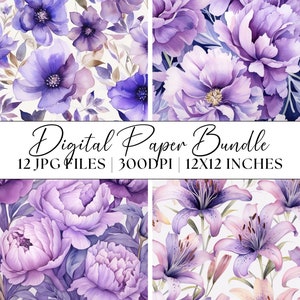 Purple Flowers Digital Paper, 12x JPG Patterns Watercolour Clipart Instant Download Graphics Floral Backgrounds Illustration Textures