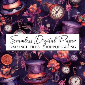 May include: A seamless digital paper pattern featuring a whimsical design with purple top hats, pocket watches, and floral elements on a dark purple background. The pattern is 12x12 inches and 300 DPI.