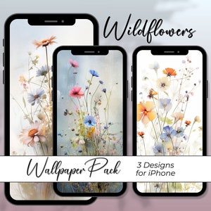 Aquarelle Fleurs sauvages iPhone Fonds d’écran, Ensemble de 3 arrière-plans de téléphone portable Thème iOs pour téléphone portable Fleurs élégantes Floral coloré