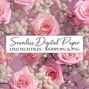 Hot Pink Rosen Digital Papier, Schleierkraut Muster, Hochzeit Einladung Clipart, sich wiederholender Hintergrund Scrapbooking Papier Briefpapier