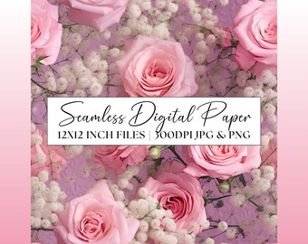 Hot Pink Roses Digital Paper, Baby's Breath Seamless Pattern, Wedding Invitation Clipart, Repeating Background Scrapbooking Paper Stationery