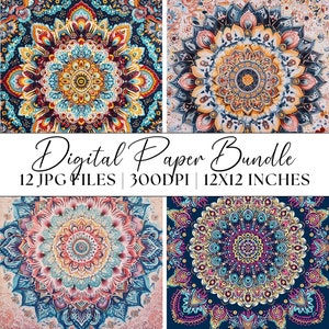 May include: A digital paper bundle with 12 JPG files, 300 DPI, and 12x12 inches. The images feature intricate mandala designs in vibrant colors, including blue, yellow, red, pink, and white.