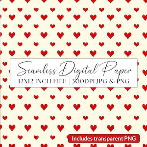 Puede incluir: Papel digital sin costuras con un patrón repetido de corazones rojos sobre un fondo crema. El papel mide 30,5 x 30,5 cm y 300 DPI. Incluye un archivo JPG y PNG. "Papel digital sin costuras Archivo de 30,5 x 30,5 cm | 300 DPI JPG & PNG Incluye PNG transparente"