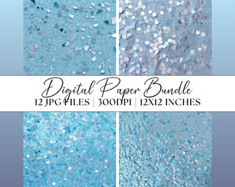 Papel digital azul pastel con purpurina plateada, 12 patrones de textura metálica JPG, imágenes prediseñadas con gráficos abstractos únicos, fondos para scrapbooking