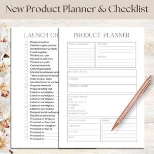 Planificador de nuevos productos y lista de verificación Hojas imprimibles Descarga instantánea digital básica A4 Tamaño carta de EE. UU. Crafter Pequeñas empresas hechas a mano