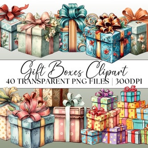 Gift Boxes Clipart, Cartoon Style Transparent 40x PNG Shapes Bundle Christmas Theme Kids Presents Birthday Party Invites Wedding Xmas Images
