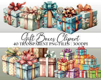 Gift Boxes Clipart, Cartoon Style Transparent 40x PNG Shapes Bundle Christmas Theme Kids Presents Birthday Party Invites Wedding Xmas Images