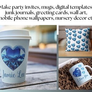 May include: A set of three blue and white items featuring a blue diamond heart design. The items include a coffee cup, a cushion, and a mug. The coffee cup has the text "Jamie Lee" printed on it. The mug has the text "I Love You" printed on it.