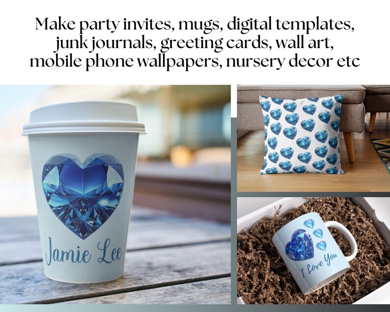May include: A set of three blue and white items featuring a blue diamond heart design. The items include a coffee cup, a cushion, and a mug. The coffee cup has the text "Jamie Lee" printed on it. The mug has the text "I Love You" printed on it.