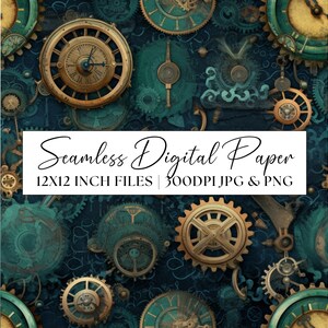 Könnte beinhalten: Nahtloses digitales Papiermuster mit einem sich wiederholenden Design aus goldenen Zahnrädern und Zifferblättern auf einem dunkelblauen Hintergrund. Der Text "Seamless Digital Paper" und "12x12 inch files | 300DPI JPG & PNG" ist im Design enthalten.