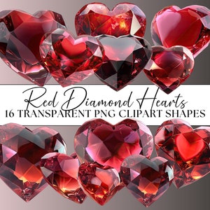 Red Diamond Hearts Clipart Bundle Objekte Crafting Hochzeit Liebe Valentinstag 16x transparente PNG glänzende Kristall 3D Herz Set Kommerzielle Nutzung