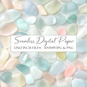 May include: Seamless digital paper featuring a pattern of pastel blue, pink, and white glass stones. The image includes the text "Seamless Digital Paper 12x12 inch files | 300dpi JPG & PNG".