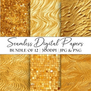 Gold Seamless Digital Paper Bundle, 12 Golden Textures Patterns Clipart Instant Download Graphics Background Illustrations for Scrapbooking