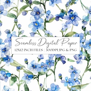 Papier numérique myosotis, motif floral bleu sans couture, invitations de mariage fleurs bleues Papeterie de fête arrière-plan répétitif Scrapbooking
