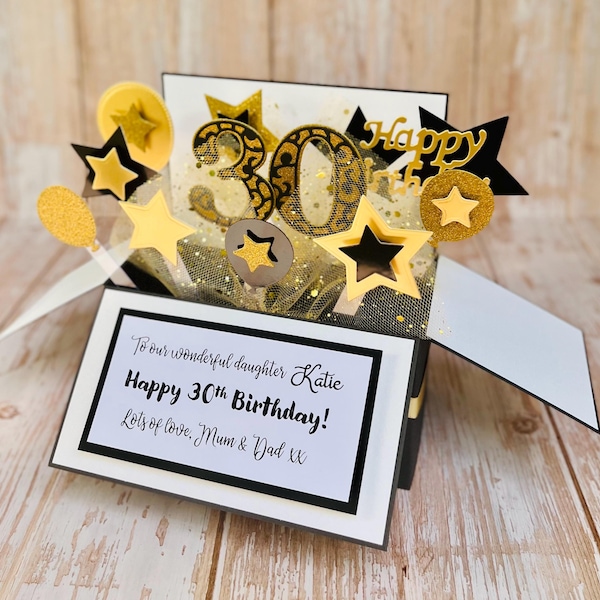 Personalized Gold Birthday Pop Up Box Card, Custom Age Number