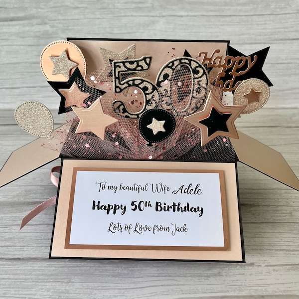 Personalized Birthday Pop Up Box Card, custom number, Rose Gold, Handmade