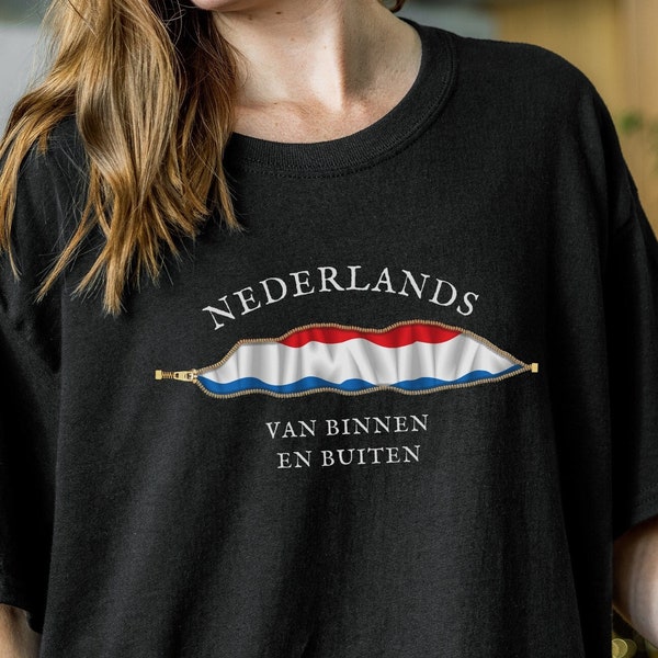 Netherlands T-shirt, Nederlands van binnen en buiten, Dutch inside and out, Netherlands flag revealed inside zipper printed on shirt