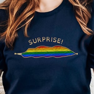Surprise! Coming Out T shirt with open zipper print revealing a pride flag inside, Gay pride lesbian Transexual Tshirt, coming out gift