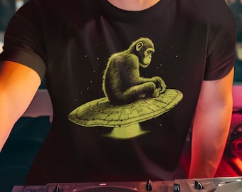 MONKEY sat on a UFO RETRO Unisex T-Shirt | Atheist Chimpanzee T shirt | Evolution Aliens Tshirt | Flying Saucer Shirt | ufo convention shirt