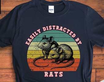 EASILY DISTRACTED By RATS Retro Print T-shirt | Rodent Lover Tshirt | Rat Owner Gift | Norway Rat Rattus Norvegicus Tee shirt | Rat T-shirt