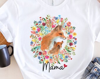 Maglietta floreale Fox and Cub Mama, maglietta con bouquet di fiori selvatici colorati e volpi, grazioso regalo botanico per la festa della mamma, regalo per madre e figlia