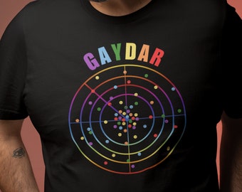 GAYDAR Unisex T-Shirt / Divertente radar gay che mostra un sacco di punti colorati con facce felici / LGBTQ Rainbow Pride Tshirt / Abbigliamento lesbico carino